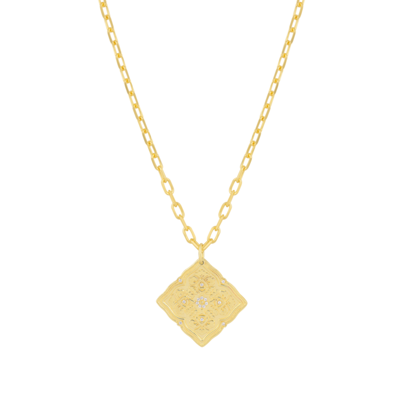 Sterling silver plated in 14 karat yellow gold diamond shaped medallion with white zircon pave on a 18" chain.